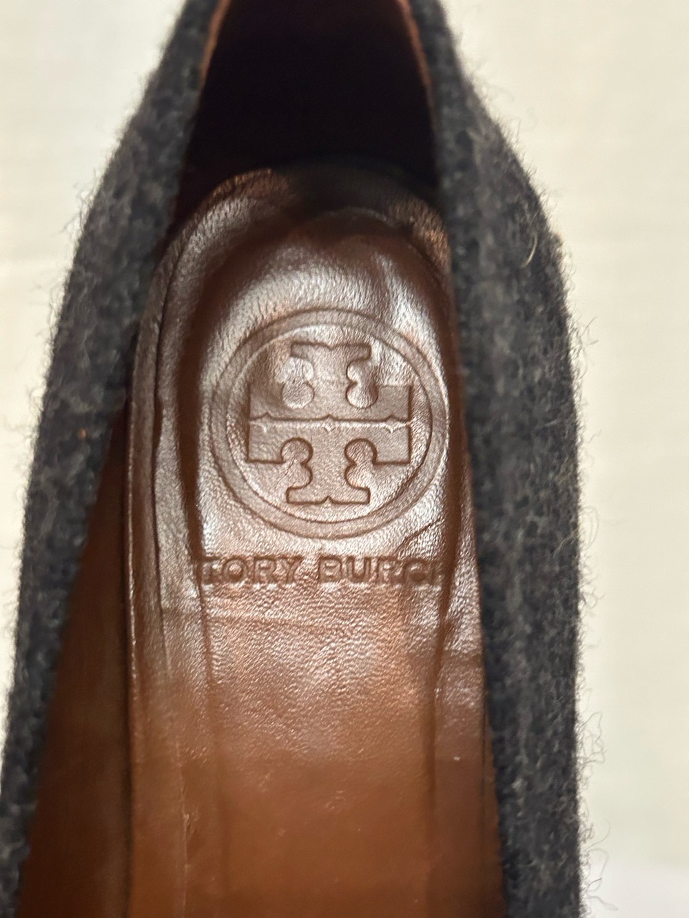 Tory Burch Gray Fabric and Brown Leather Studded Wedge Pumps - Picture 13 of 16